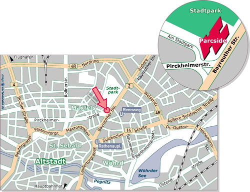 Karte mit Anfahrtsbeschreibung für die plastische Chirurgie Nürnberg: Über die B2 und die U-Bahn-Station Rennweg auch gut aus Erlangen, Fürth und Schwabach zu erreichen.
