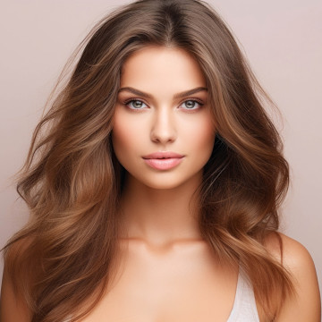 Junge brünette Frau mit glatter Haut und schönem Dekolleté schaut in Kamera