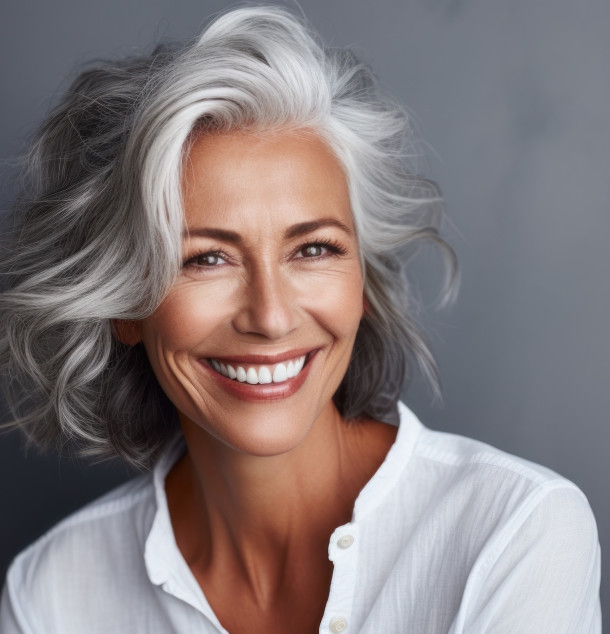 Frau mittleren Alters mit leichten Lachfalten und grauen Haaren lächelt
