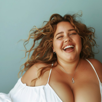 Junge beleibte Frau mit lockigen Haaren lacht herzlich nach Körperstraffungs-OP