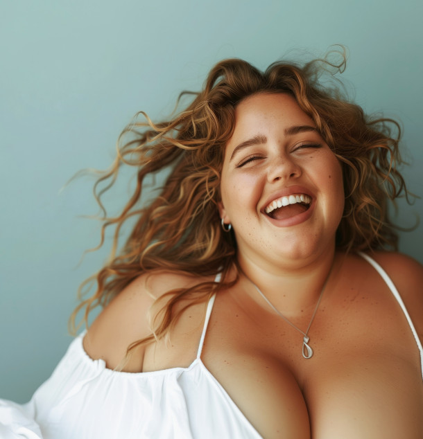 Junge beleibte Frau mit lockigen Haaren lacht herzlich nach Körperstraffungs-OP