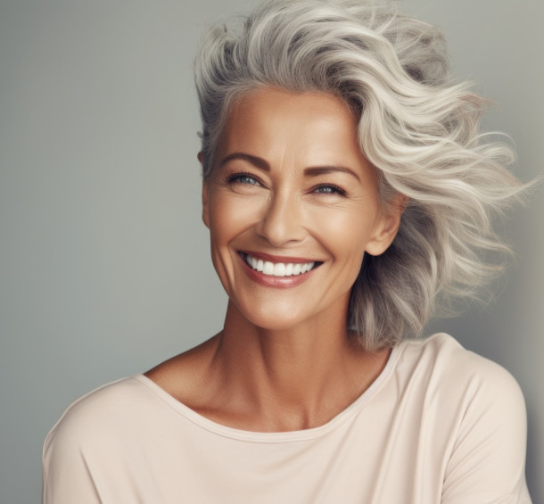 Frau mittleren Alters mit glänzender faltenfreier Haut und grauen Haaren lächelt in die Kamera